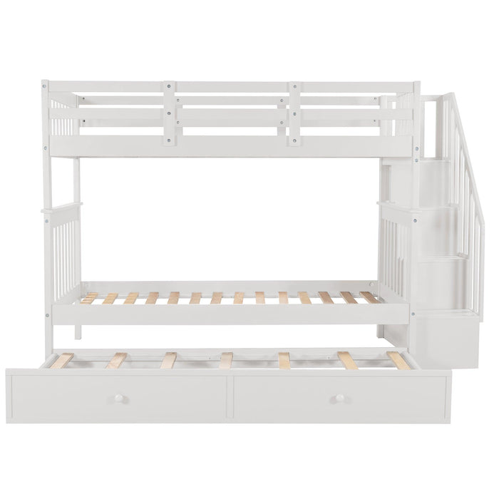 Twin Over Twin Bunk Bed with Twin Size Trundle andStorage Staircase - White