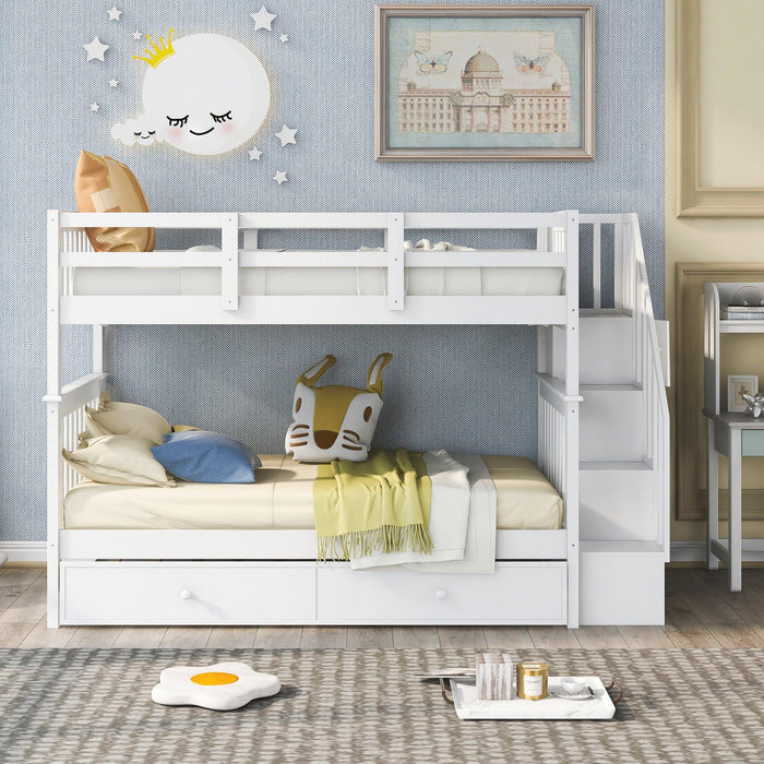 Twin Over Twin Bunk Bed with Twin Size Trundle andStorage Staircase - White