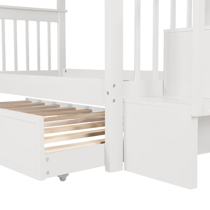 Twin Over Twin Bunk Bed with Twin Size Trundle andStorage Staircase - White