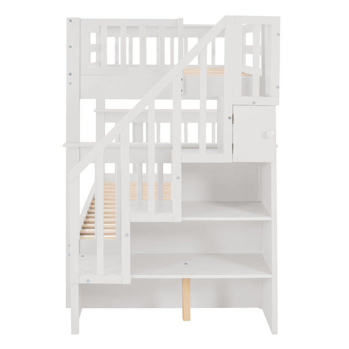 Twin Over Twin Bunk Bed with Twin Size Trundle andStorage Staircase - White