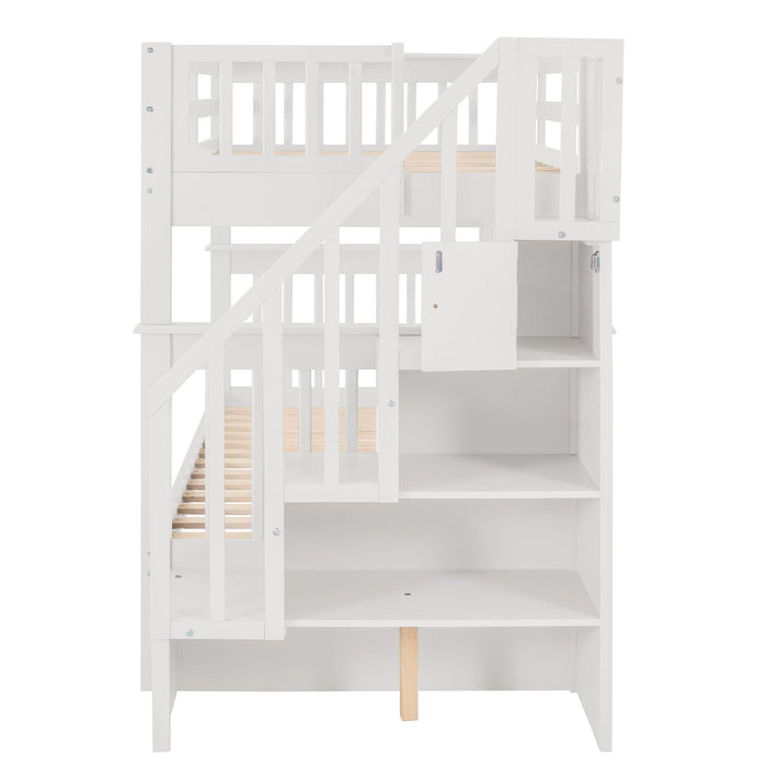 Twin Over Twin Bunk Bed with Twin Size Trundle andStorage Staircase - White