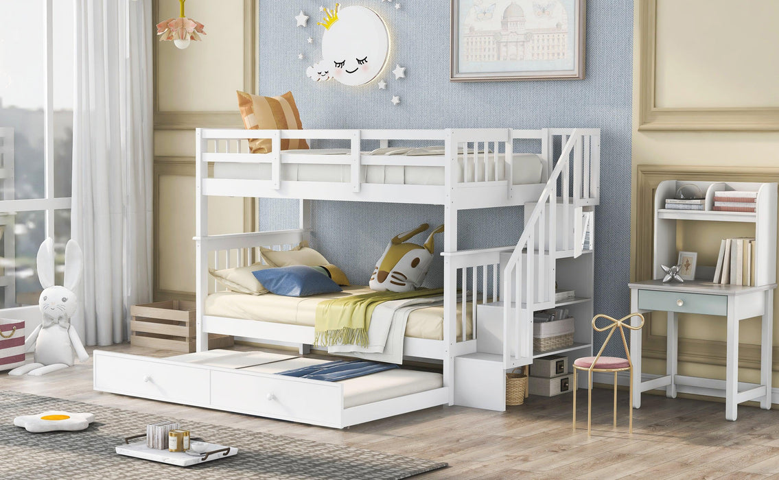 Twin Over Twin Bunk Bed with Twin Size Trundle andStorage Staircase - White