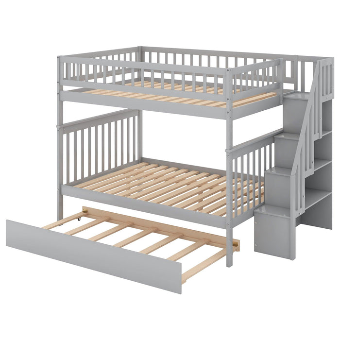 Full over Full Bunk Bed with Twin Size Trundle andStorage Staircase - Gray