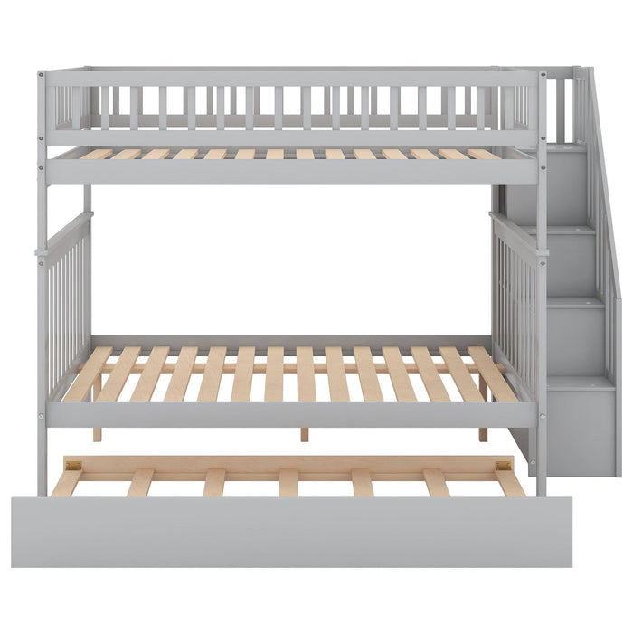 Full over Full Bunk Bed with Twin Size Trundle andStorage Staircase - Gray