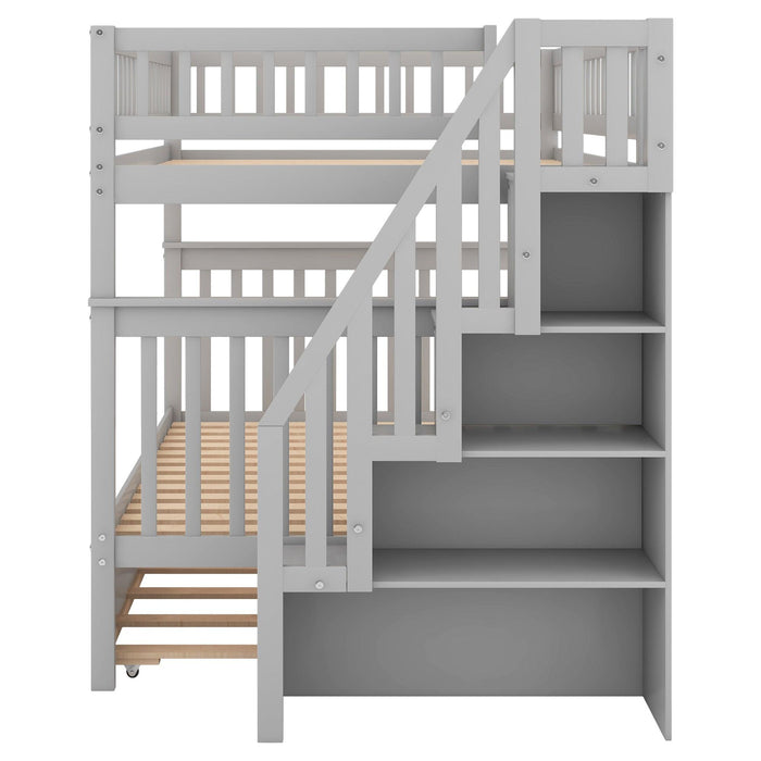 Full over Full Bunk Bed with Twin Size Trundle andStorage Staircase - Gray