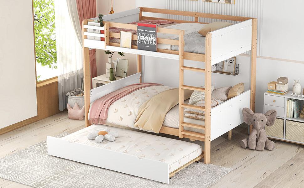 Full over Full Bunk Bed withStorage Shelves, Twin Size Trundle and Ladder - White