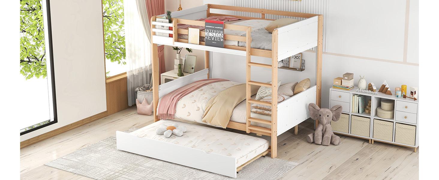 Full over Full Bunk Bed withStorage Shelves, Twin Size Trundle and Ladder - White