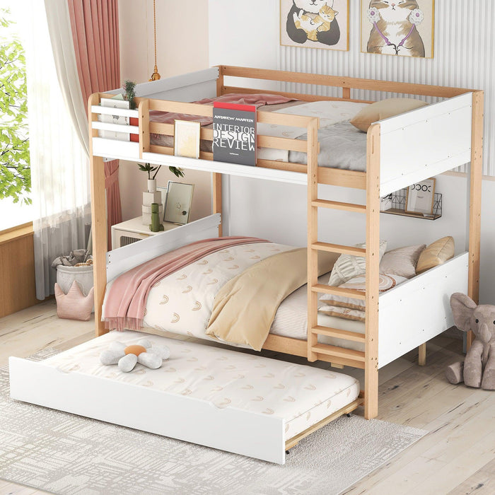 Full over Full Bunk Bed withStorage Shelves, Twin Size Trundle and Ladder - White