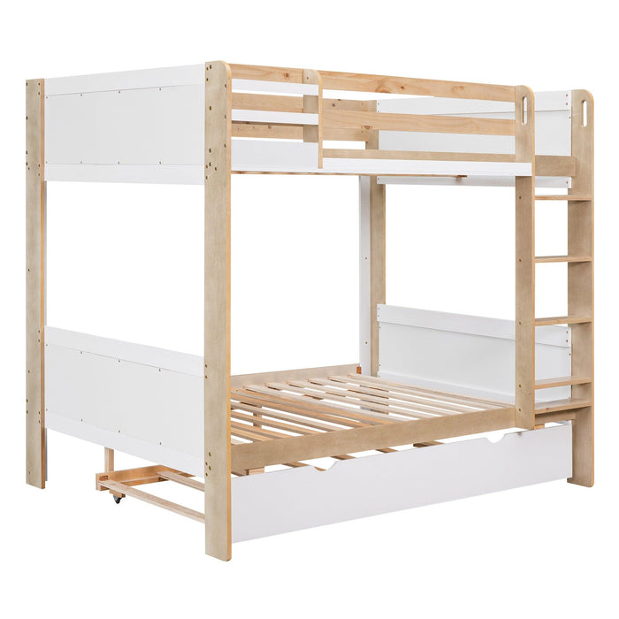 Full over Full Bunk Bed withStorage Shelves, Twin Size Trundle and Ladder - White