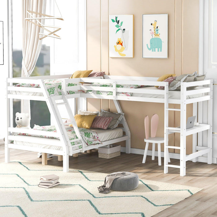 Twin over Full L-Shaped Bunk Bed and Twin Size Loft Bed and Built-in Desk - White