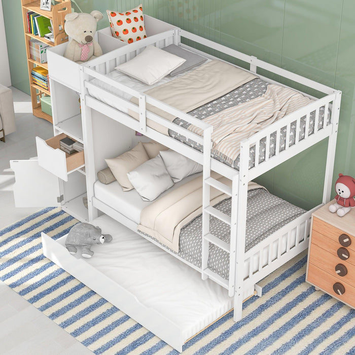 Twin over Twin Bunk Bed with Twin Size Trundle and Attached MultifunctionalStorage - White