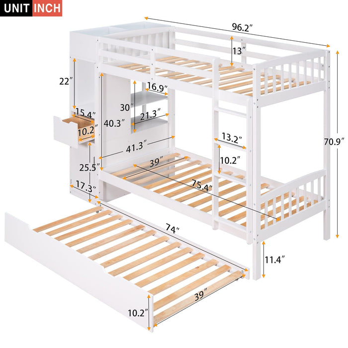 Twin over Twin Bunk Bed with Twin Size Trundle and Attached MultifunctionalStorage - White