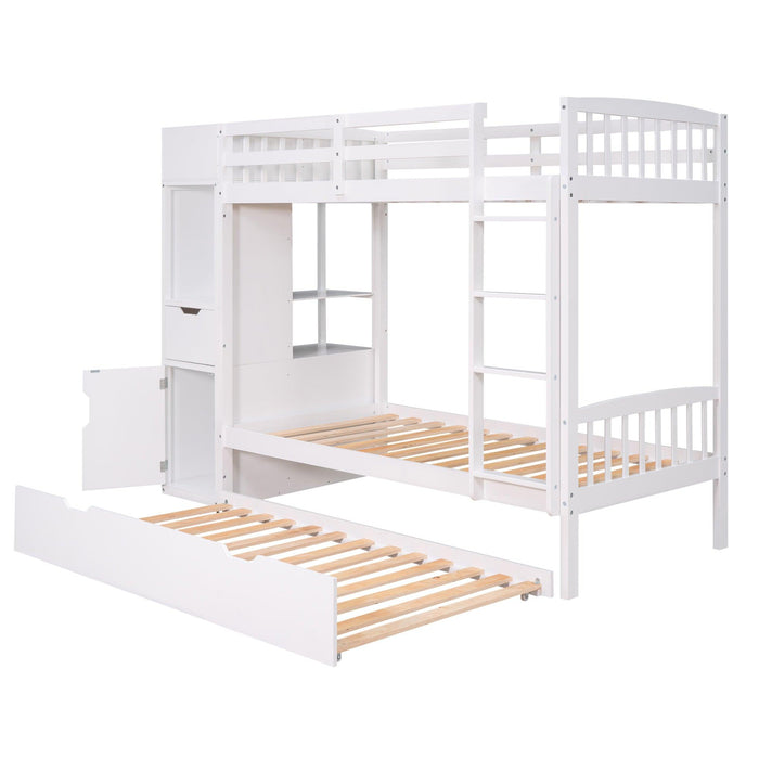 Twin over Twin Bunk Bed with Twin Size Trundle and Attached MultifunctionalStorage - White