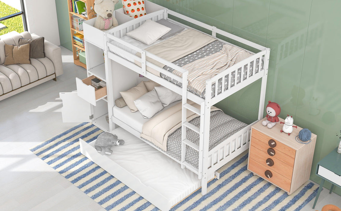 Twin over Twin Bunk Bed with Twin Size Trundle and Attached MultifunctionalStorage - White