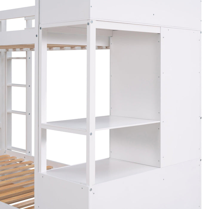 Twin over Twin Bunk Bed with Twin Size Trundle and Attached MultifunctionalStorage - White