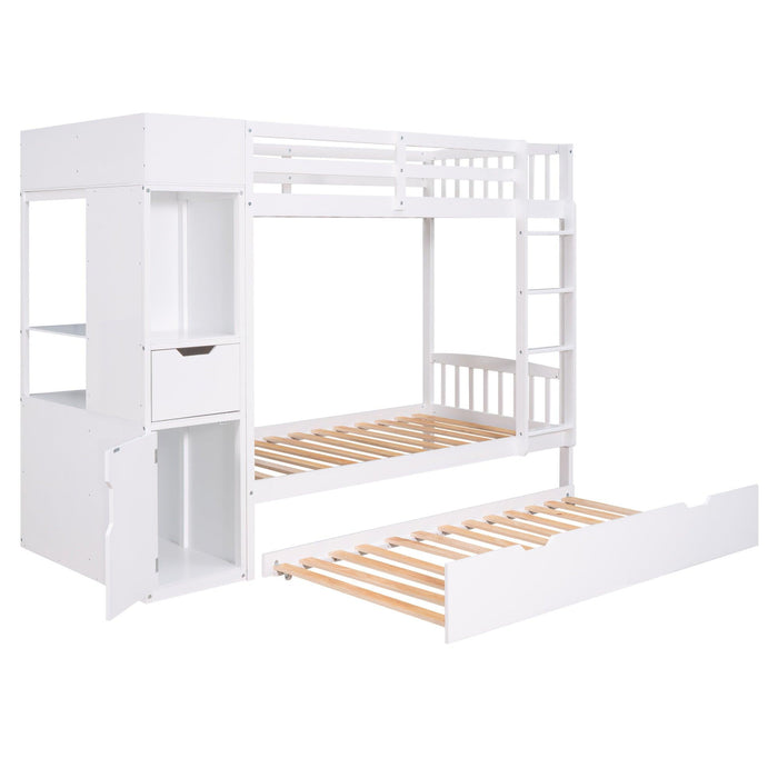 Twin over Twin Bunk Bed with Twin Size Trundle and Attached MultifunctionalStorage - White