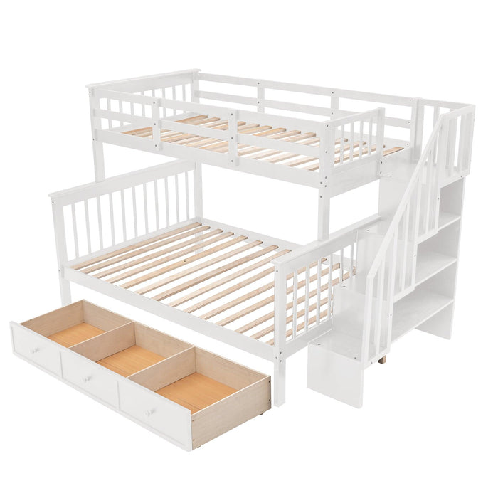 Twin Over Full Bunk Bed with Drawer andStorage Staircase - White