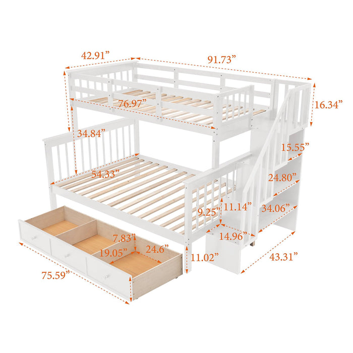 Twin Over Full Bunk Bed with Drawer andStorage Staircase - White