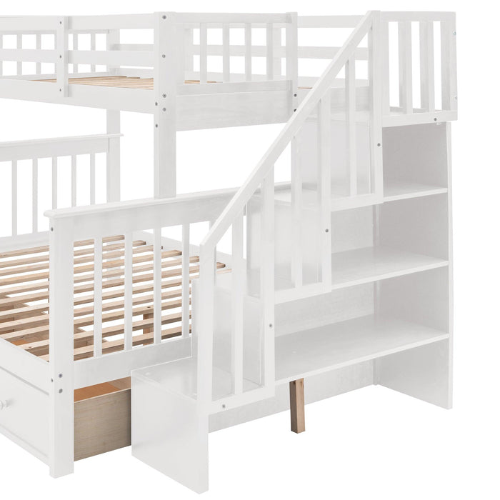 Twin Over Full Bunk Bed with Drawer andStorage Staircase - White