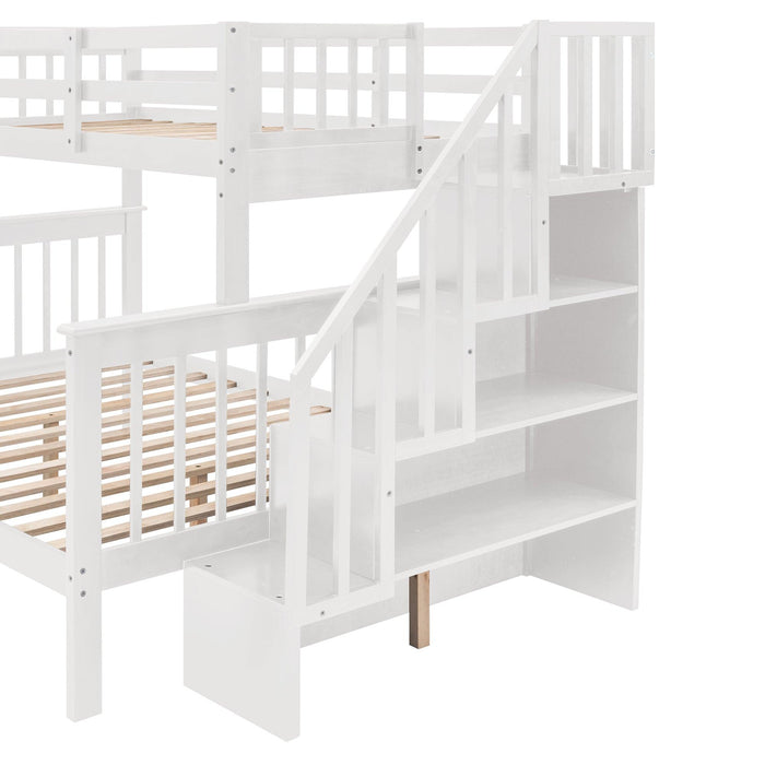 Twin Over Full Bunk Bed with Drawer andStorage Staircase - White