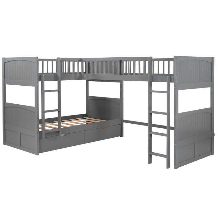 Twin over Twin Bunk Bed with Attached Loft Bed and Drawers - Gray