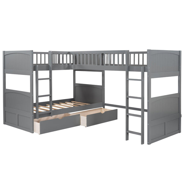 Twin over Twin Bunk Bed with Attached Loft Bed and Drawers - Gray