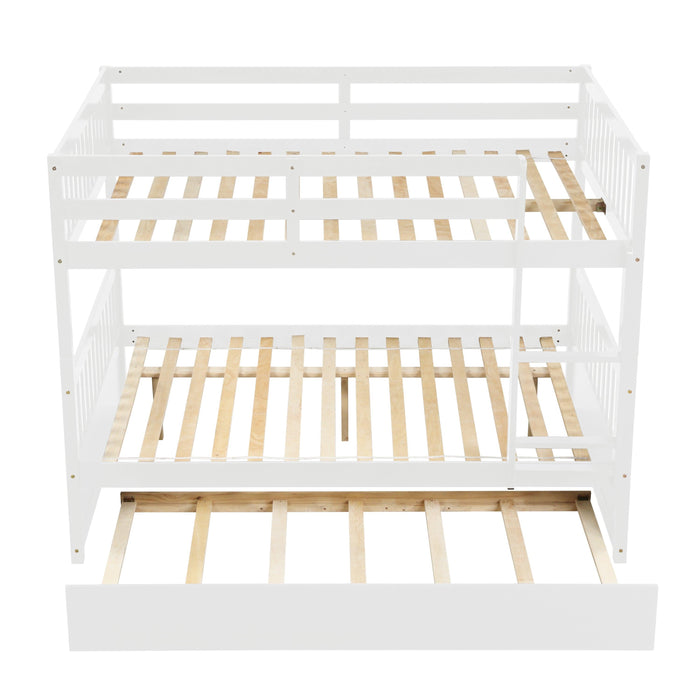 Full Over Full Convertible Bunk Bed with Twin Size Trundle and Safety Rails - White