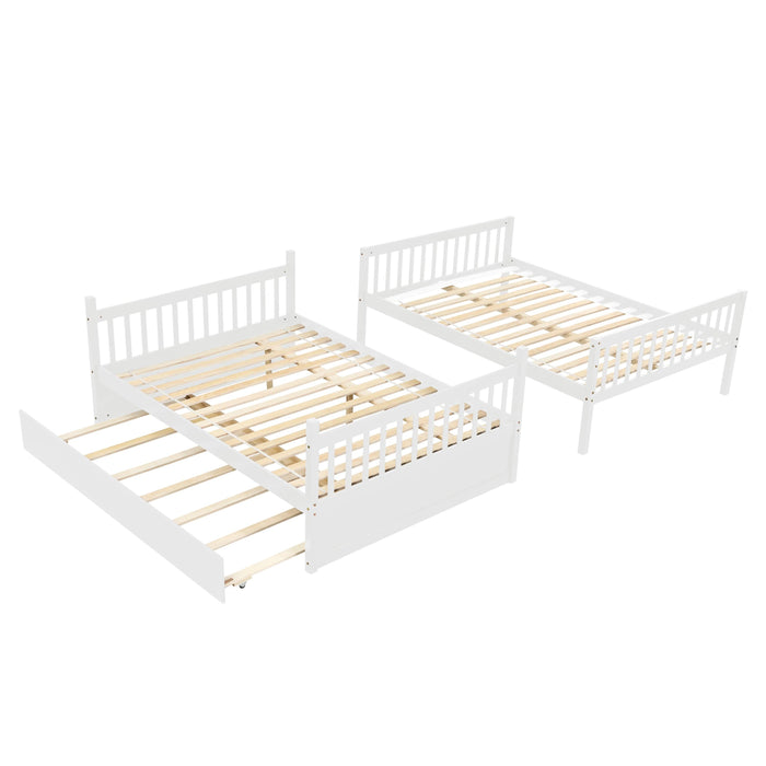 Full Over Full Convertible Bunk Bed with Twin Size Trundle and Safety Rails - White