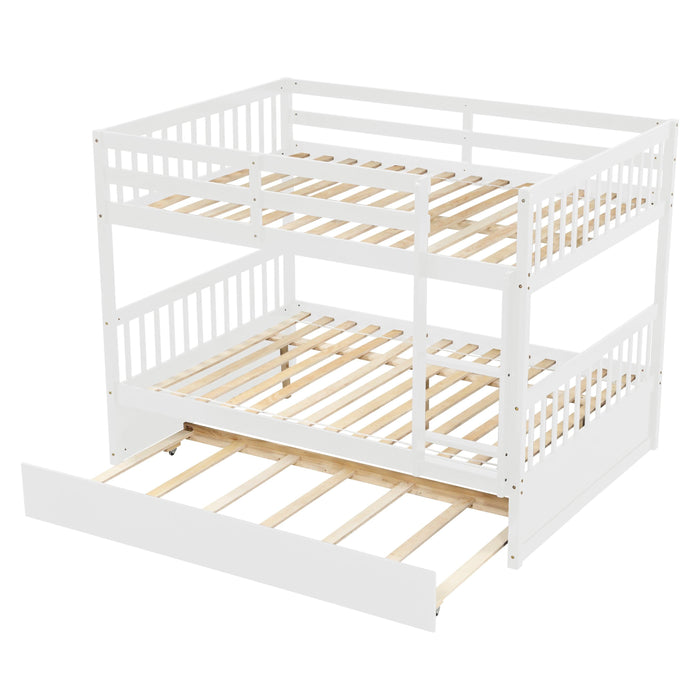 Full Over Full Convertible Bunk Bed with Twin Size Trundle and Safety Rails - White