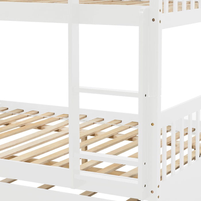 Full Over Full Convertible Bunk Bed with Twin Size Trundle and Safety Rails - White