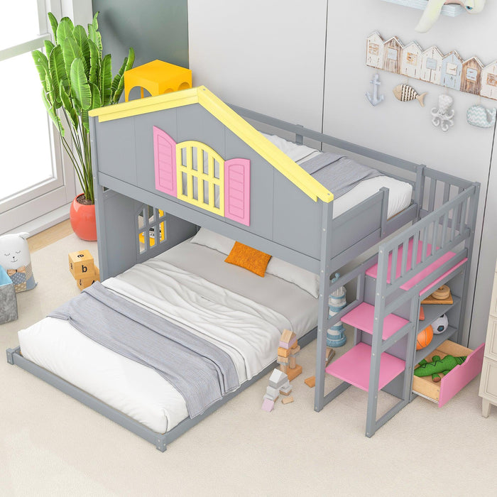 Twin over Full House Bunk Bed with Pink Staircase, Drawer and Shelves - Gray