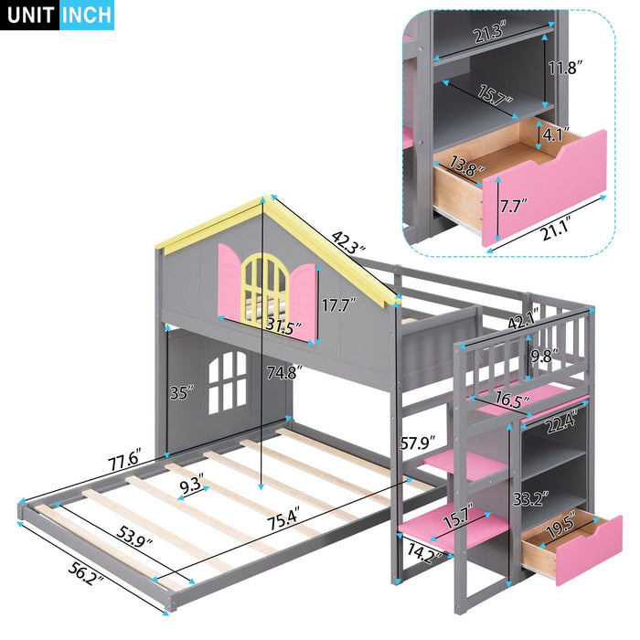 Twin over Full House Bunk Bed with Pink Staircase, Drawer and Shelves - Gray