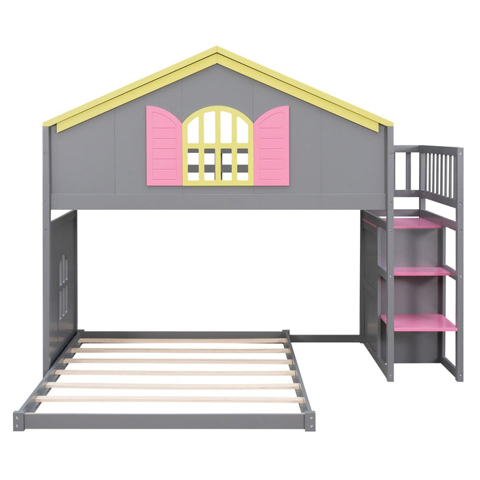 Twin over Full House Bunk Bed with Pink Staircase, Drawer and Shelves - Gray