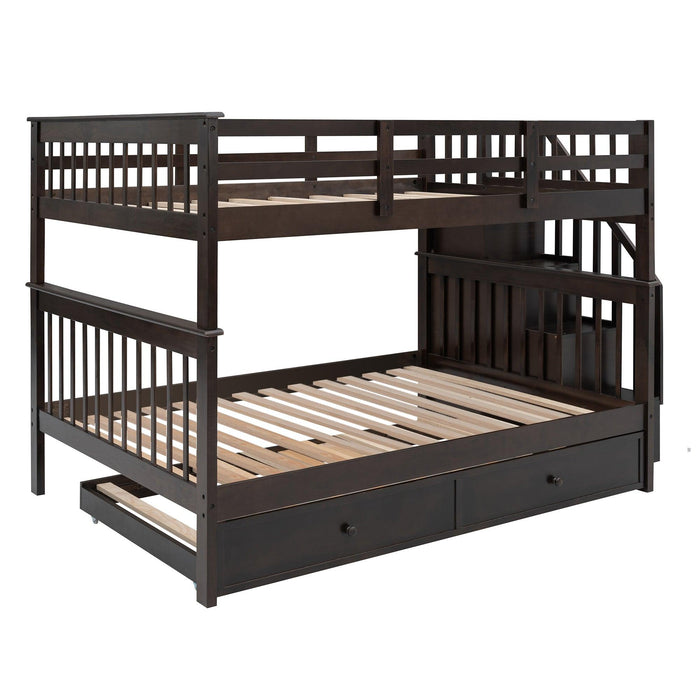 Full Over Full Bunk Bed with Twin Size Trundle,Storage Staircase and Guard Rail  - Espresso