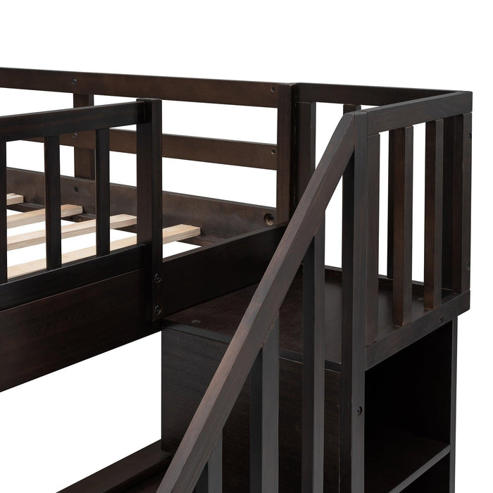 Full Over Full Bunk Bed with Twin Size Trundle,Storage Staircase and Guard Rail  - Espresso