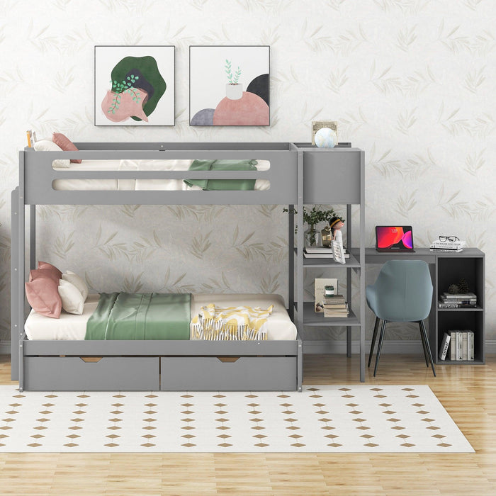 Twin over Full Bunk Bed with Drawers, Shelves, Drawers, and L-shaped Desk - Gray