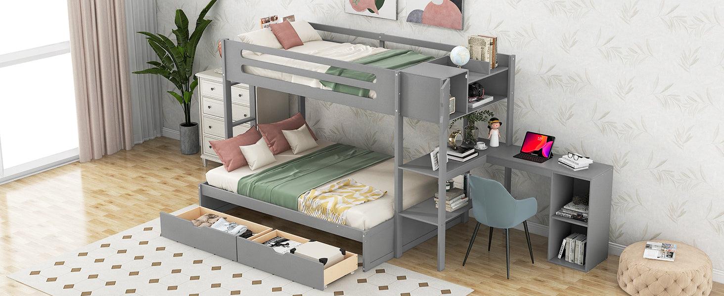 Twin over Full Bunk Bed with Drawers, Shelves, Drawers, and L-shaped Desk - Gray