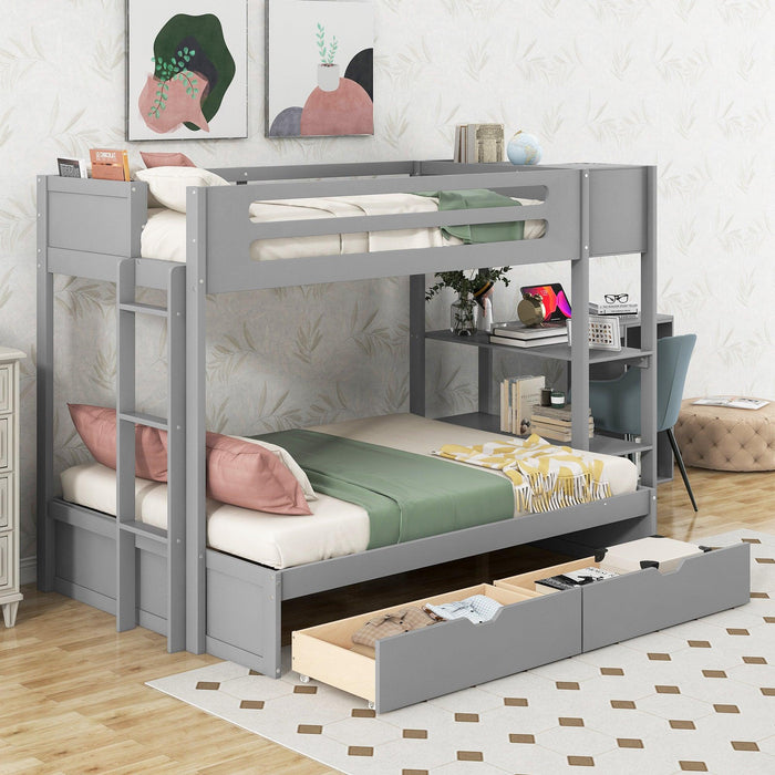 Twin over Full Bunk Bed with Drawers, Shelves, Drawers, and L-shaped Desk - Gray