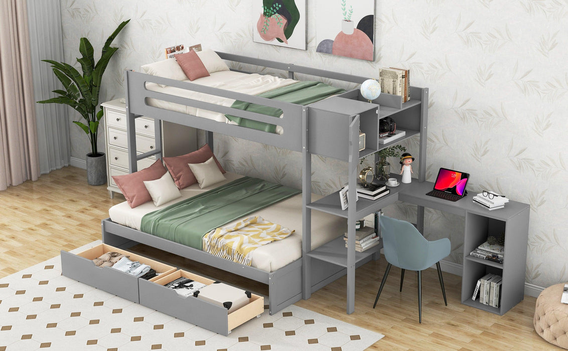 Twin over Full Bunk Bed with Drawers, Shelves, Drawers, and L-shaped Desk - Gray