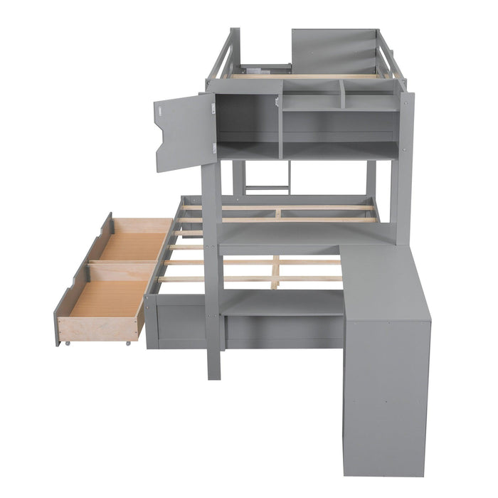 Twin over Full Bunk Bed with Drawers, Shelves, Drawers, and L-shaped Desk - Gray