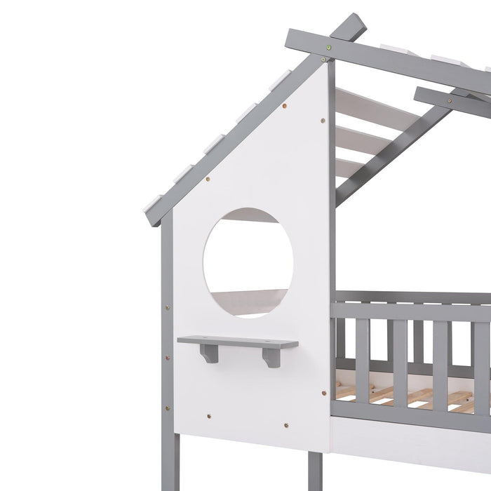 Twin Over Twin Low House Shaped Bunk Bed with Window and Ladder - Gray