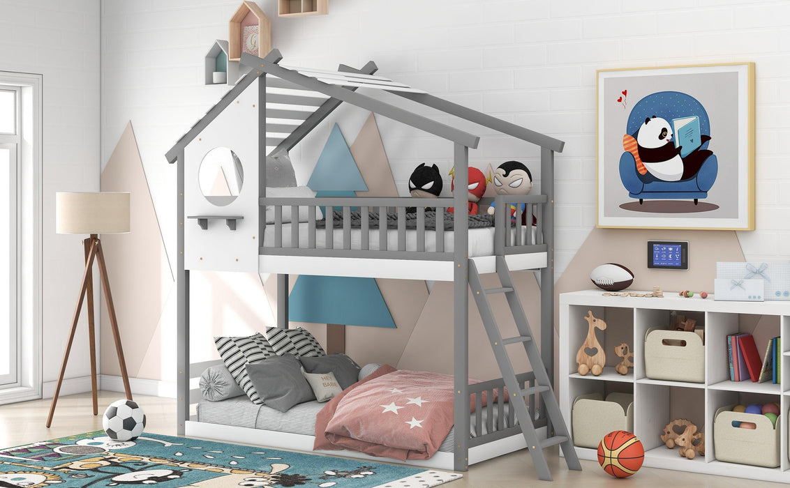 Twin Over Twin Low House Shaped Bunk Bed with Window and Ladder - Gray