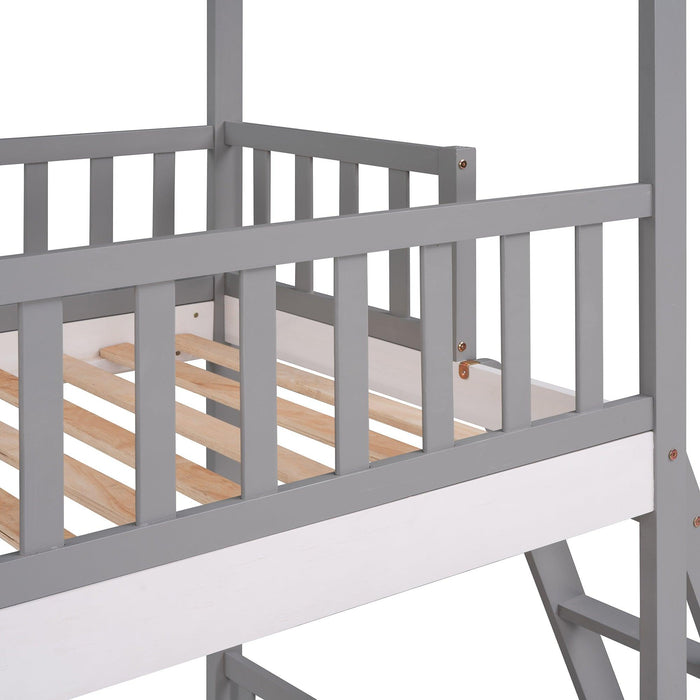 Twin Over Twin Low House Shaped Bunk Bed with Window and Ladder - Gray