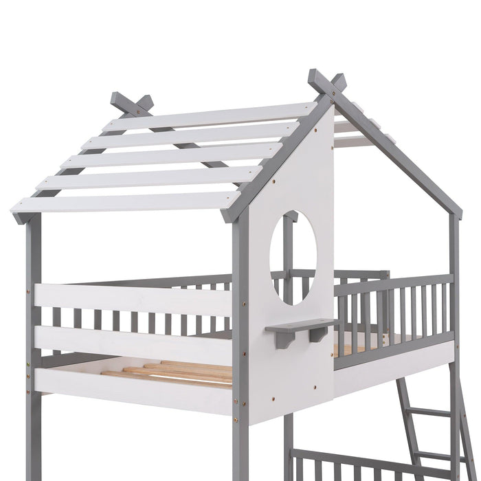 Twin Over Twin Low House Shaped Bunk Bed with Window and Ladder - Gray