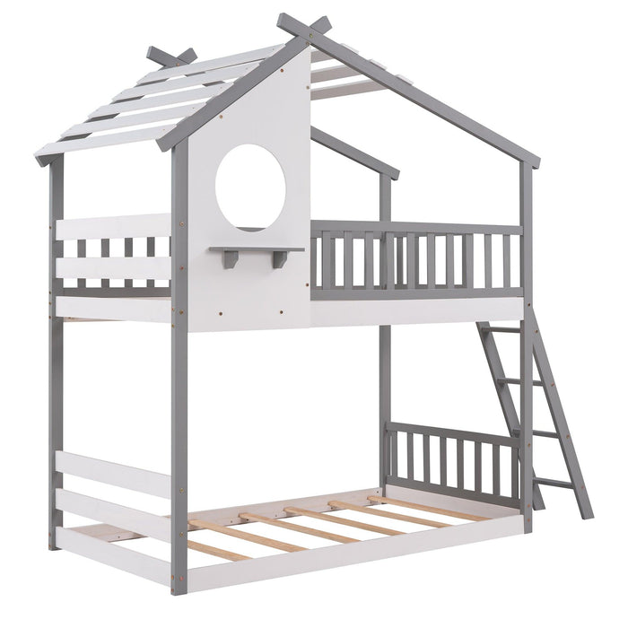 Twin Over Twin Low House Shaped Bunk Bed with Window and Ladder - Gray