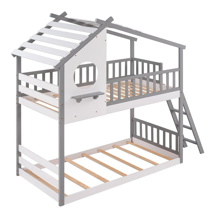 Twin Over Twin Low House Shaped Bunk Bed with Window and Ladder - Gray