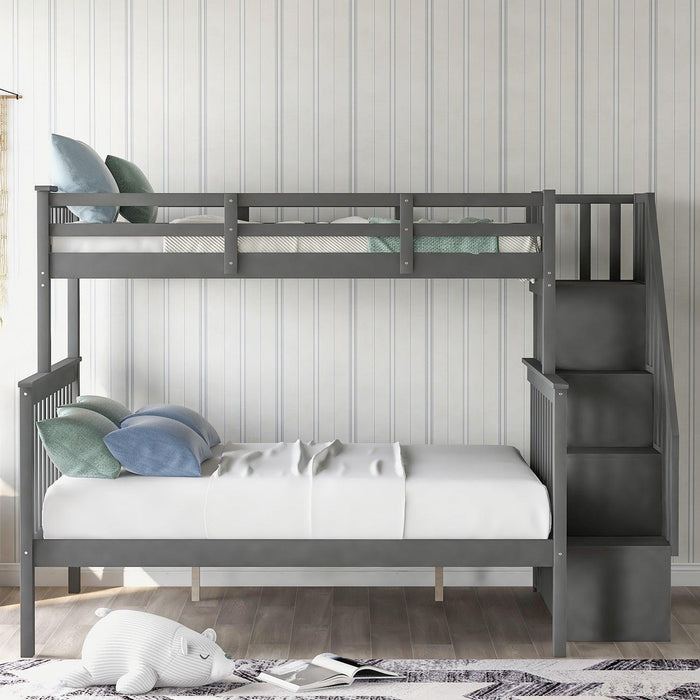 Twin Over Full Bunk Bed withStorage Staircase and Guard Rail - Gray