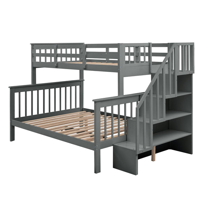 Twin Over Full Bunk Bed withStorage Staircase and Guard Rail - Gray