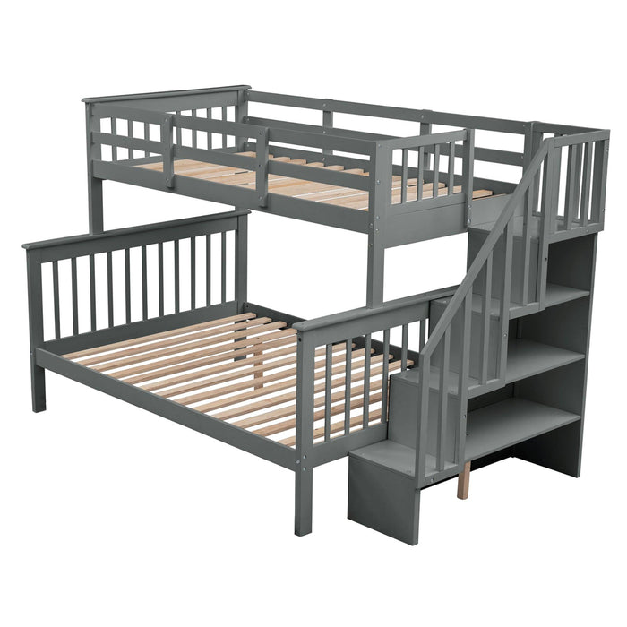 Twin Over Full Bunk Bed withStorage Staircase and Guard Rail - Gray