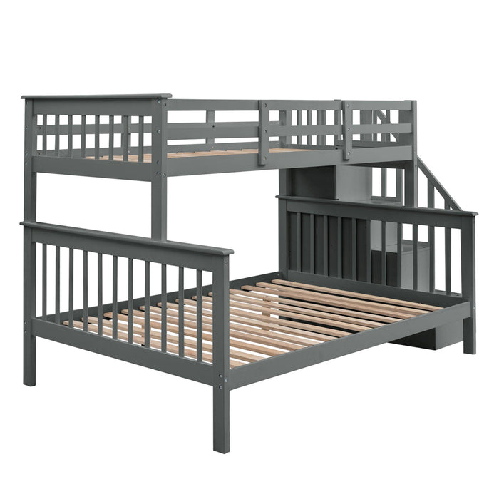 Twin Over Full Bunk Bed withStorage Staircase and Guard Rail - Gray